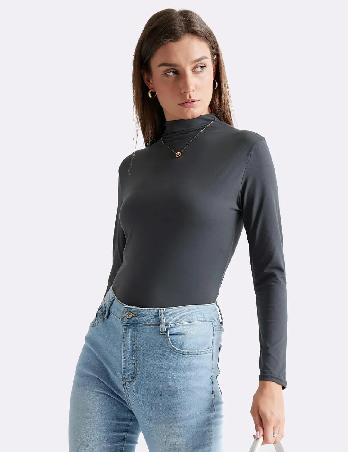 Women's Long Sleeve Turtleneck Tops Soft Lightweight Thermal Underwear Mock Neck Base Shirts for Women