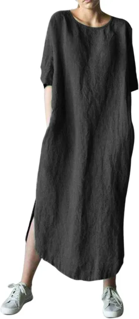Women's Maxi Dress Solid Plus Size Loose Cotton Linen Long Dresses with Pockets