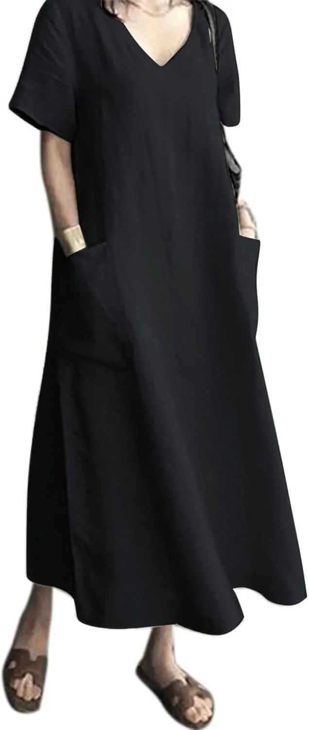 Women's Maxi Dress Solid Plus Size Loose Cotton Linen Long Dresses with Pockets