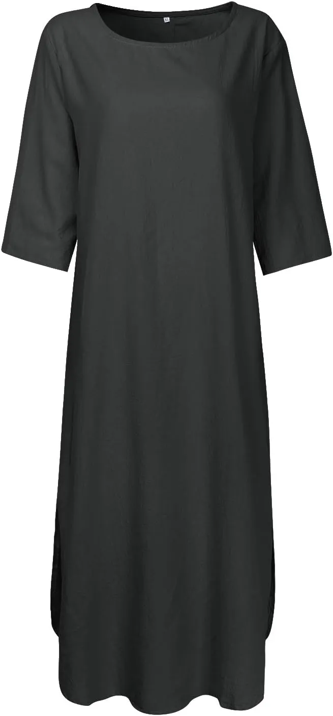 Women's Maxi Dress Solid Plus Size Loose Cotton Linen Long Dresses with Pockets