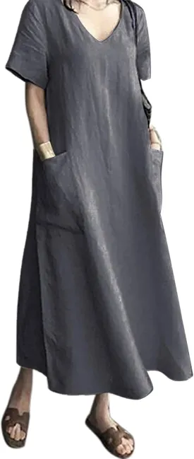Women's Maxi Dress Solid Plus Size Loose Cotton Linen Long Dresses with Pockets