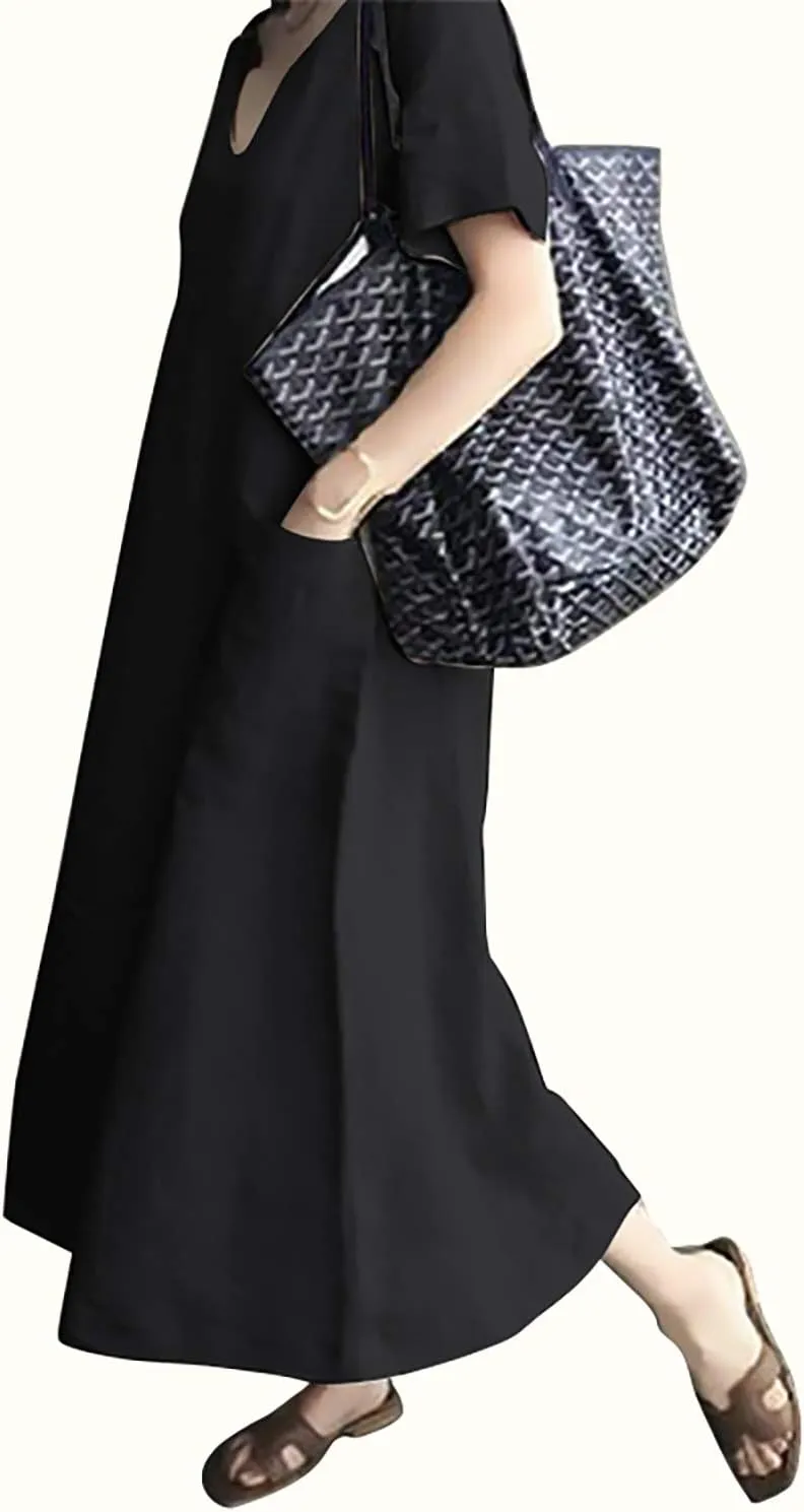 Women's Maxi Dress Solid Plus Size Loose Cotton Linen Long Dresses with Pockets