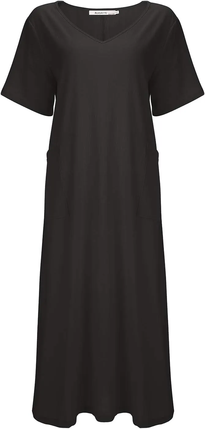 Women's Maxi Dress Solid Plus Size Loose Cotton Linen Long Dresses with Pockets