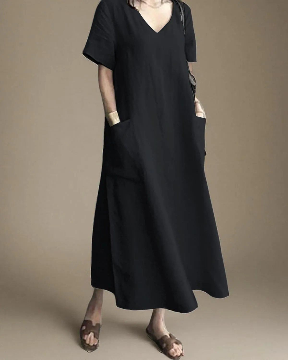 Women's Maxi Dress Solid Plus Size Loose Cotton Linen Long Dresses with Pockets