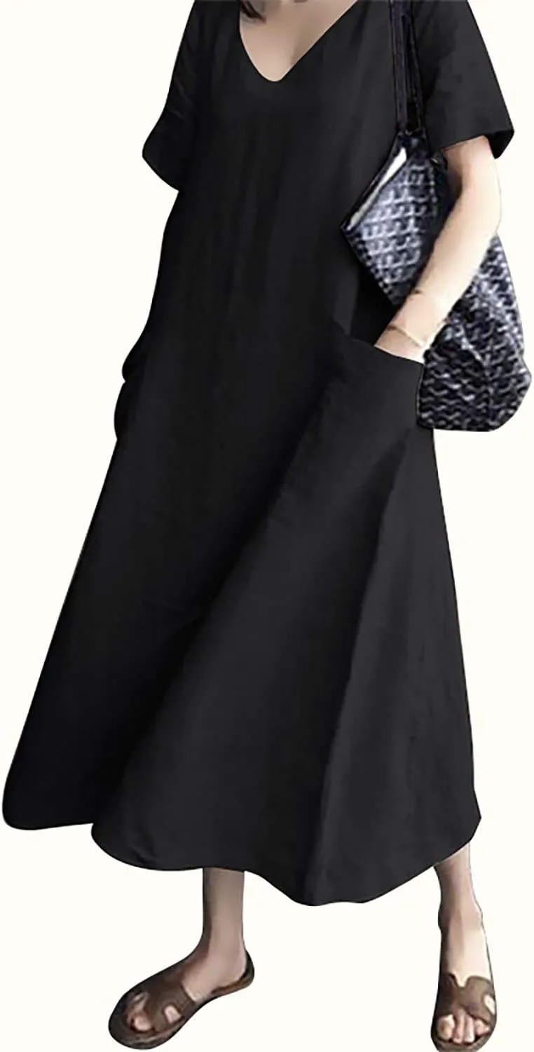 Women's Maxi Dress Solid Plus Size Loose Cotton Linen Long Dresses with Pockets