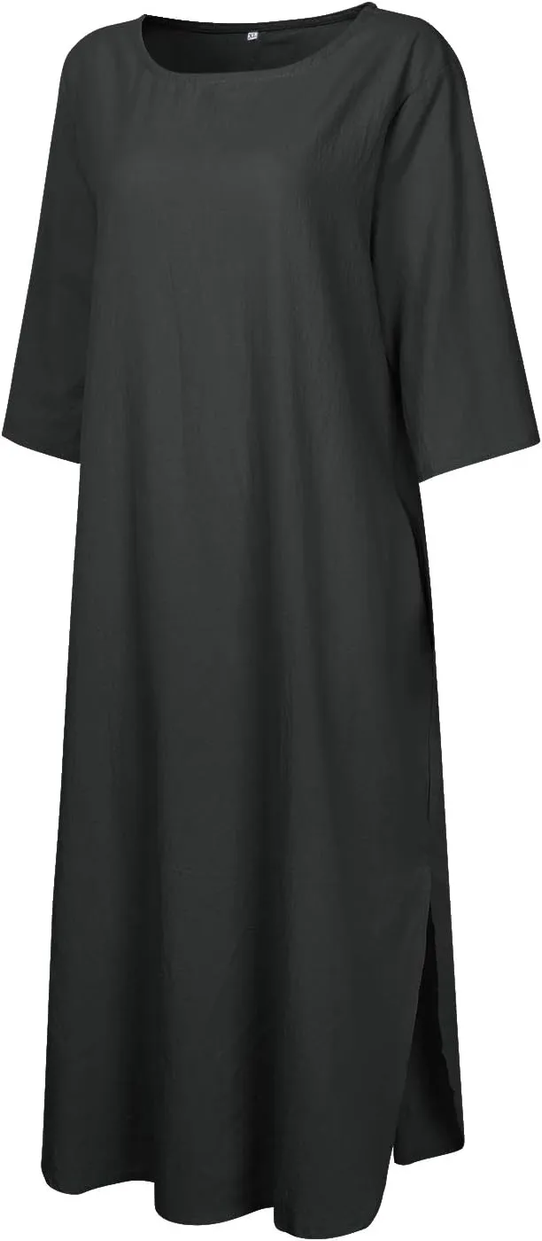 Women's Maxi Dress Solid Plus Size Loose Cotton Linen Long Dresses with Pockets