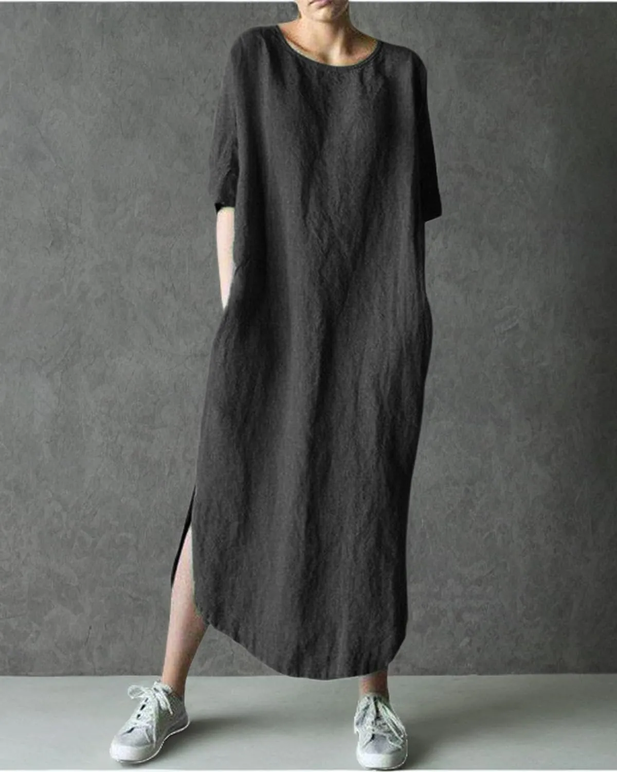 Women's Maxi Dress Solid Plus Size Loose Cotton Linen Long Dresses with Pockets