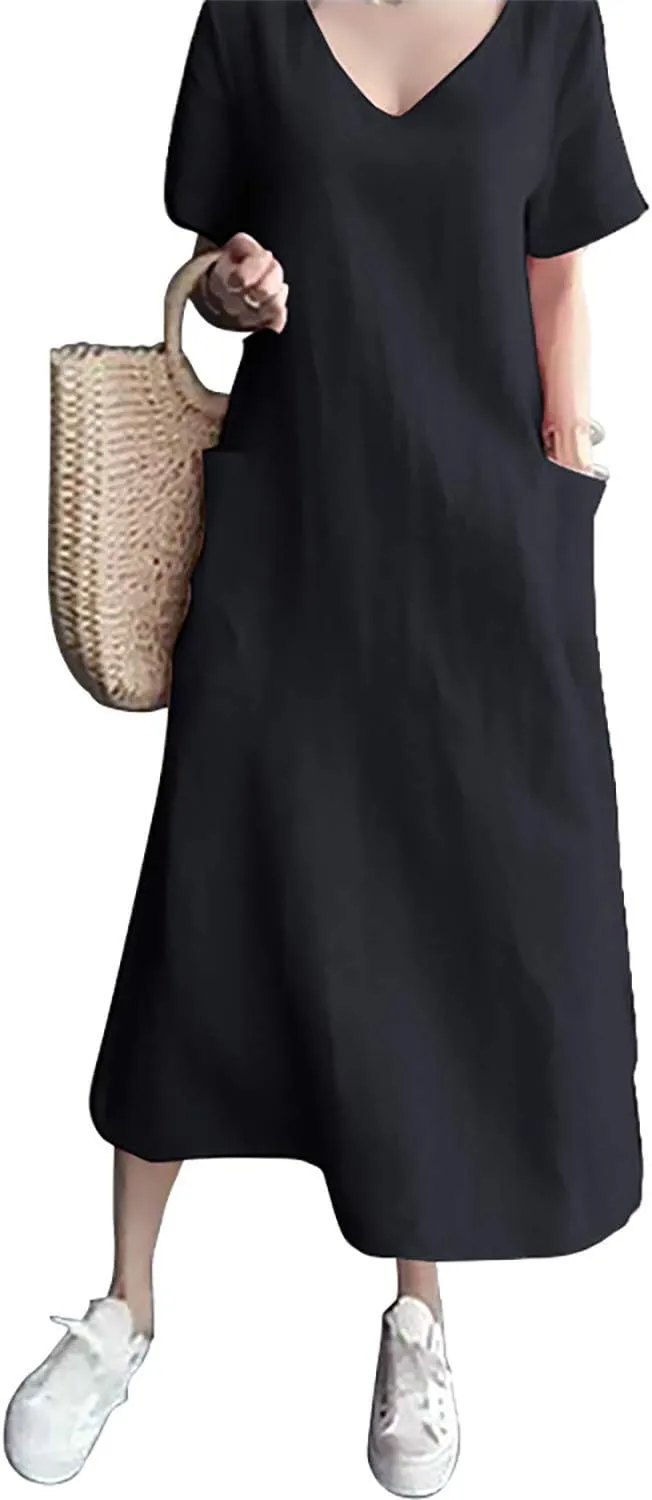 Women's Maxi Dress Solid Plus Size Loose Cotton Linen Long Dresses with Pockets