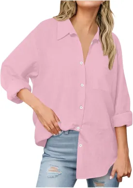 Womens Oversized Button Down Shirts Long Sleeve Cotton Linen Shirts Casual V Neck Collared Blouses Tops with Pockets