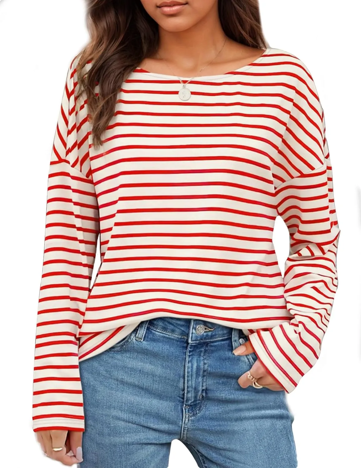 Womens Striped Shirt Long Sleeve Tops Trendy Drop Shoulder Boat Neck Going Out Tops Loose Fit Casual Shirts