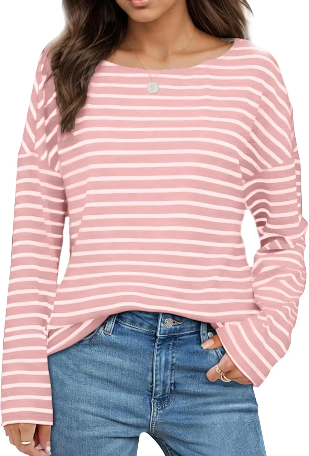 Womens Striped Shirt Long Sleeve Tops Trendy Drop Shoulder Boat Neck Going Out Tops Loose Fit Casual Shirts