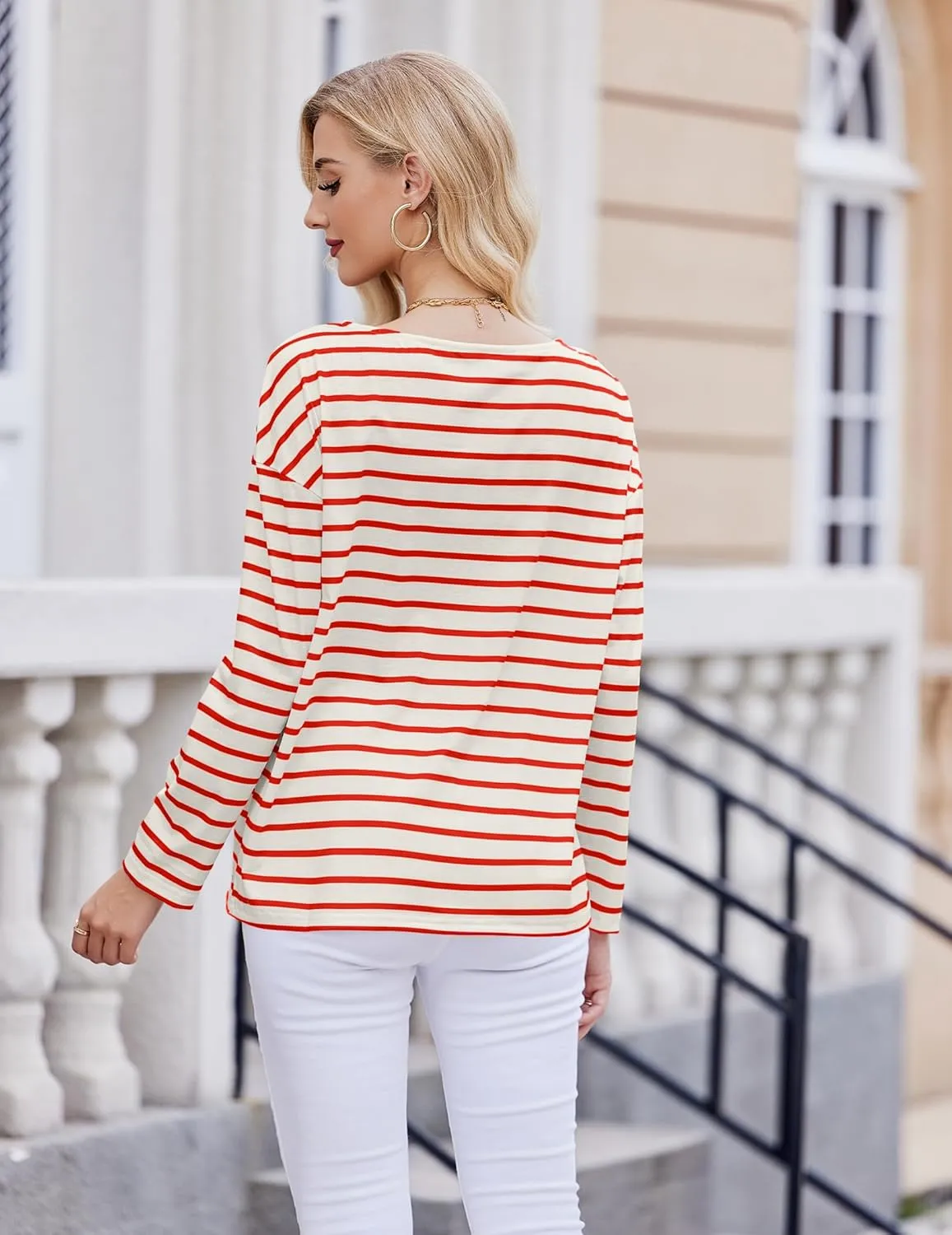 Womens Striped Shirt Long Sleeve Tops Trendy Drop Shoulder Boat Neck Going Out Tops Loose Fit Casual Shirts