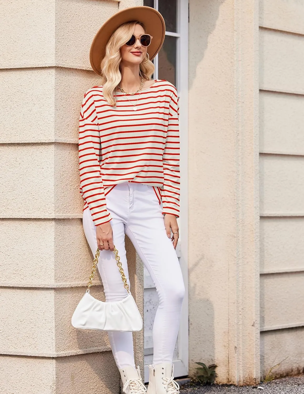 Womens Striped Shirt Long Sleeve Tops Trendy Drop Shoulder Boat Neck Going Out Tops Loose Fit Casual Shirts