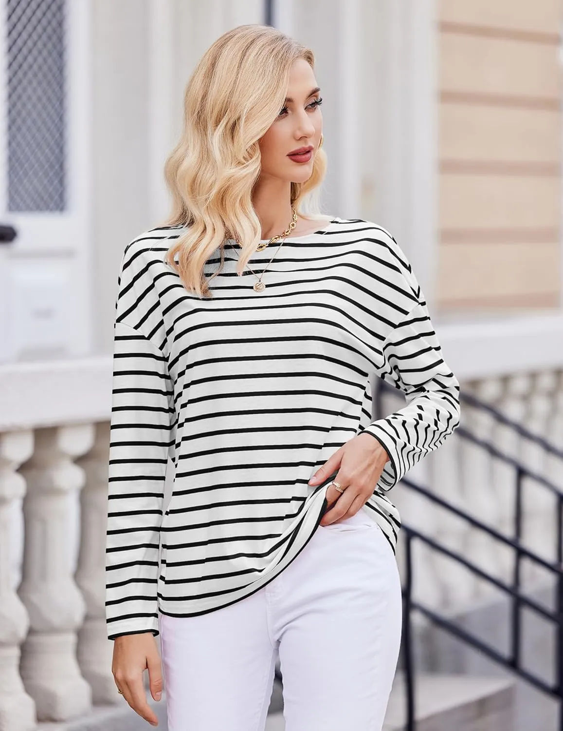 Womens Striped Shirt Long Sleeve Tops Trendy Drop Shoulder Boat Neck Going Out Tops Loose Fit Casual Shirts