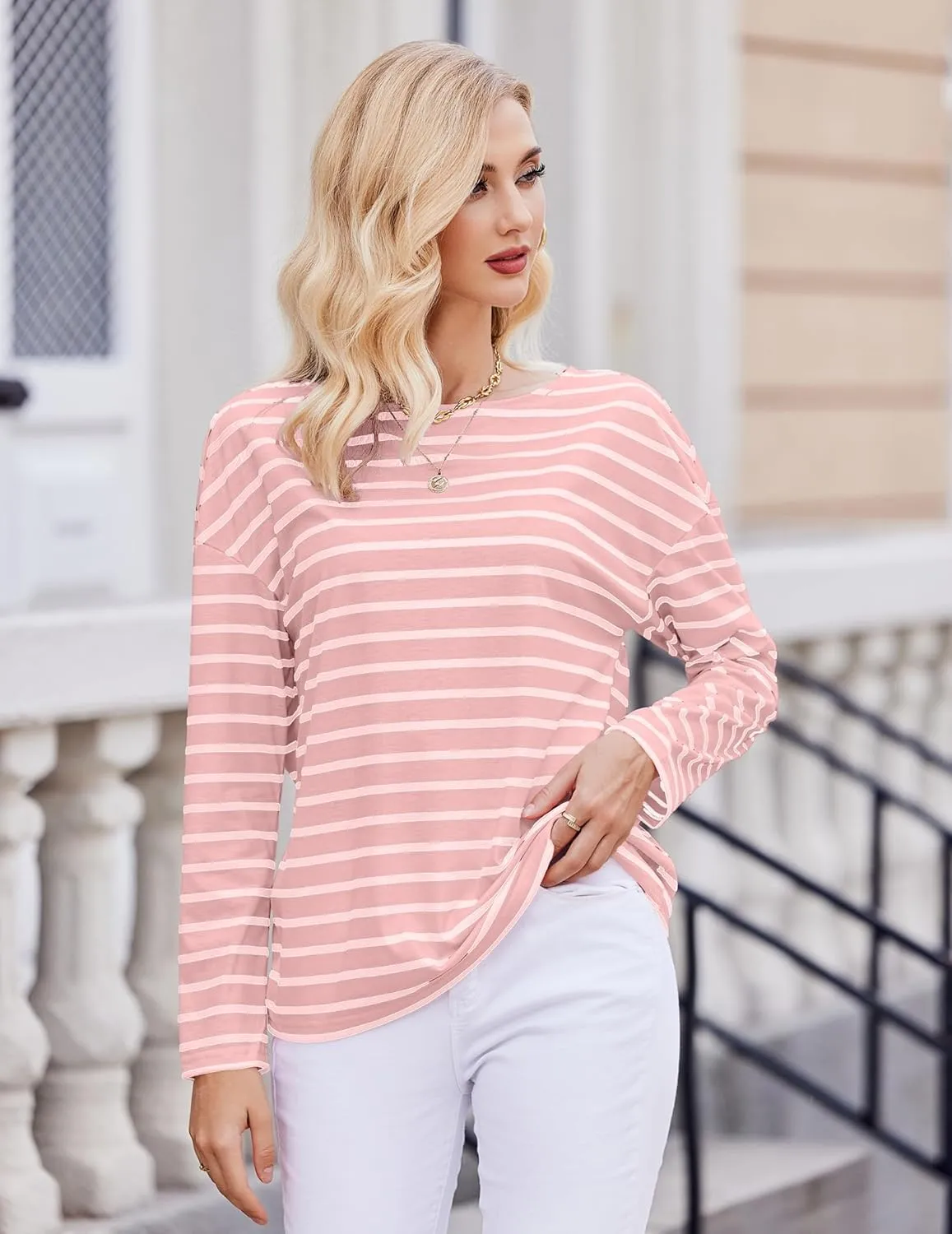 Womens Striped Shirt Long Sleeve Tops Trendy Drop Shoulder Boat Neck Going Out Tops Loose Fit Casual Shirts