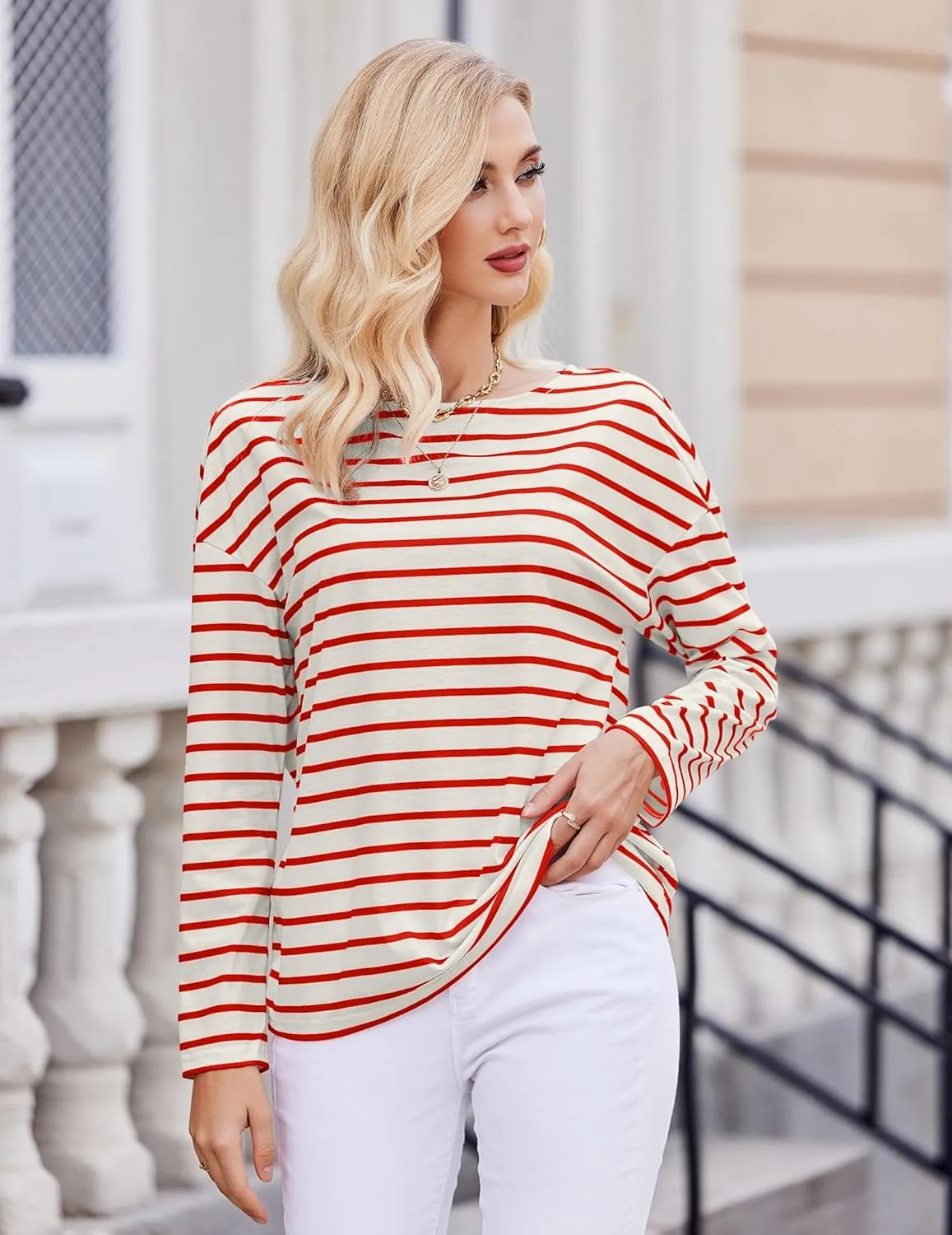 Womens Striped Shirt Long Sleeve Tops Trendy Drop Shoulder Boat Neck Going Out Tops Loose Fit Casual Shirts