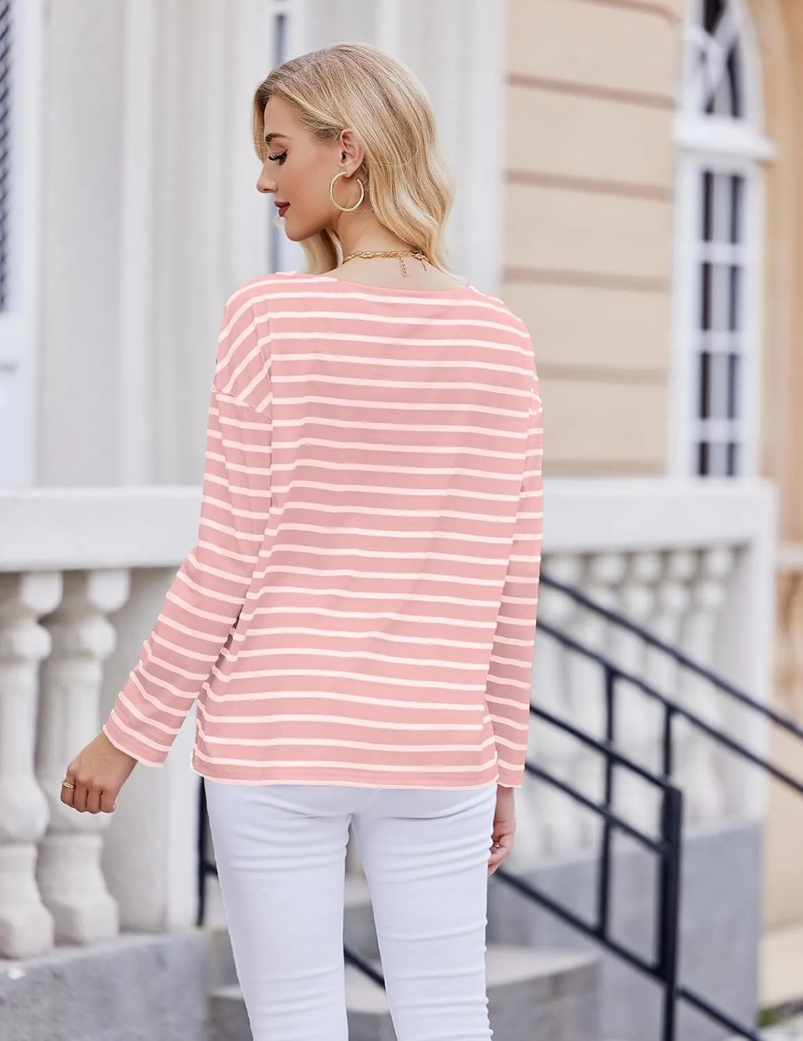 Womens Striped Shirt Long Sleeve Tops Trendy Drop Shoulder Boat Neck Going Out Tops Loose Fit Casual Shirts
