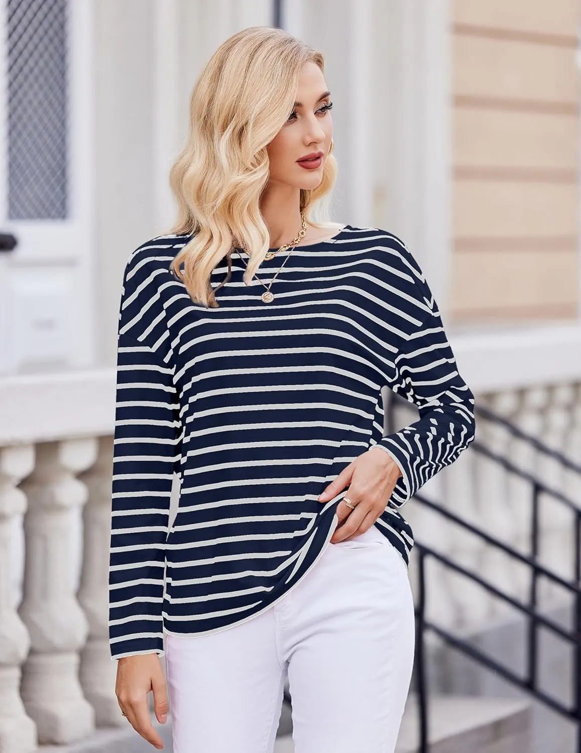 Womens Striped Shirt Long Sleeve Tops Trendy Drop Shoulder Boat Neck Going Out Tops Loose Fit Casual Shirts