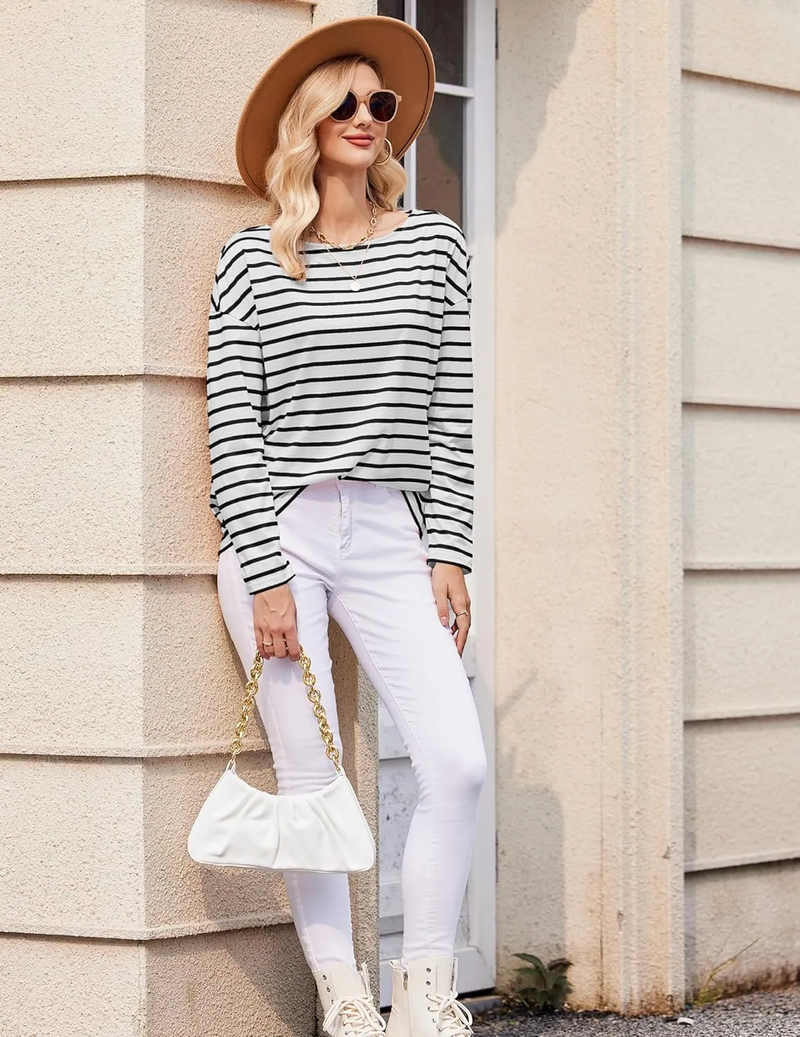Womens Striped Shirt Long Sleeve Tops Trendy Drop Shoulder Boat Neck Going Out Tops Loose Fit Casual Shirts