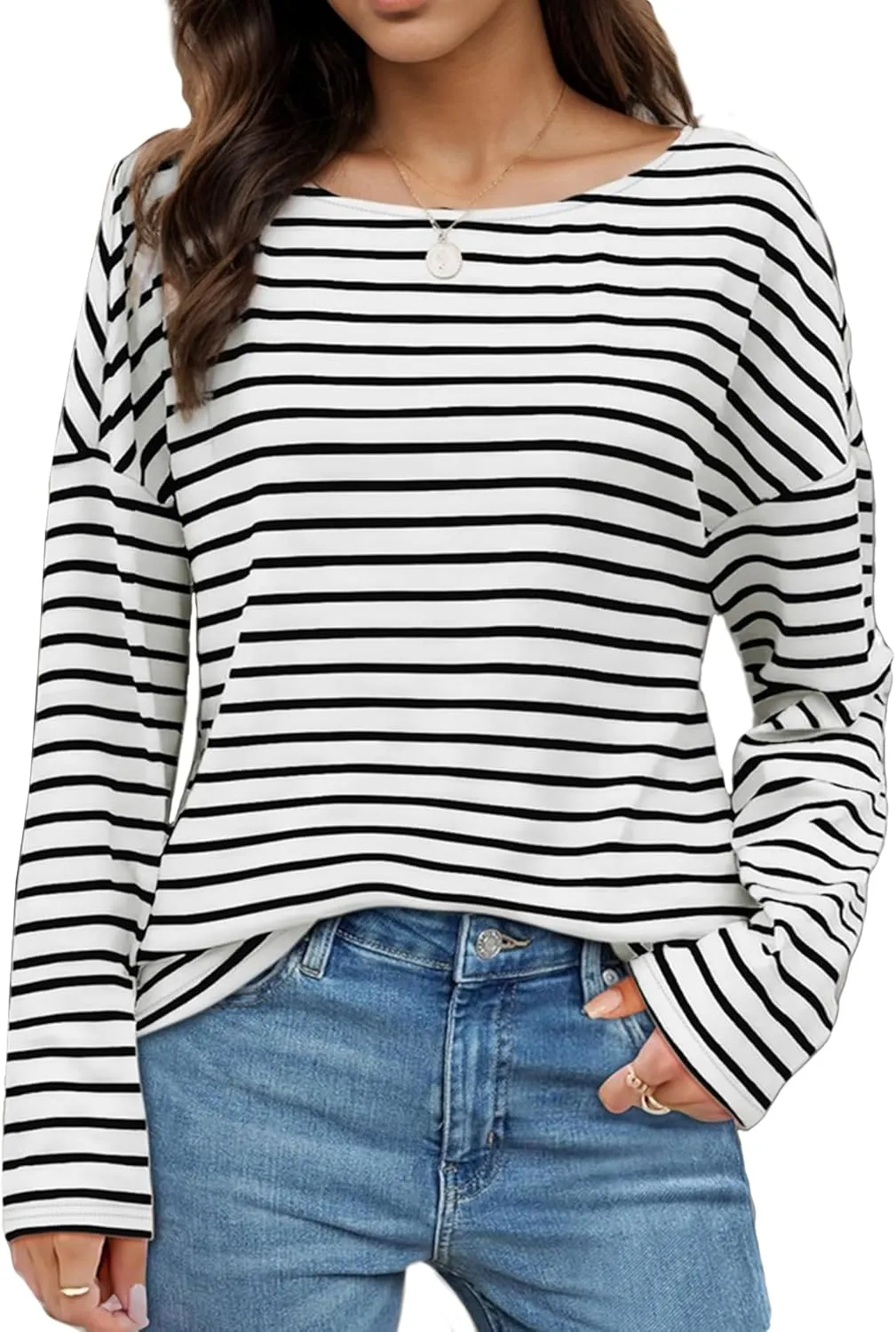 Womens Striped Shirt Long Sleeve Tops Trendy Drop Shoulder Boat Neck Going Out Tops Loose Fit Casual Shirts