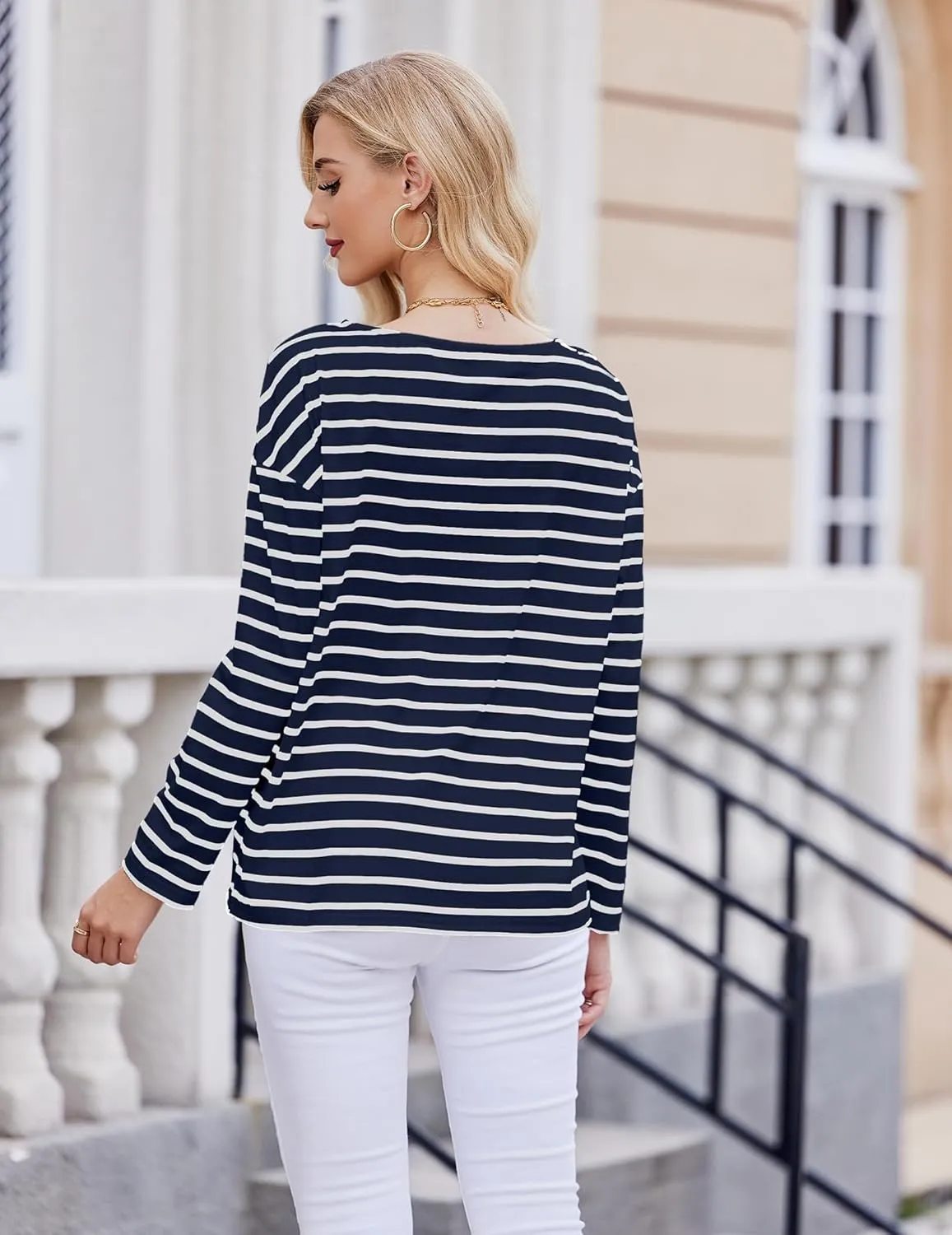 Womens Striped Shirt Long Sleeve Tops Trendy Drop Shoulder Boat Neck Going Out Tops Loose Fit Casual Shirts