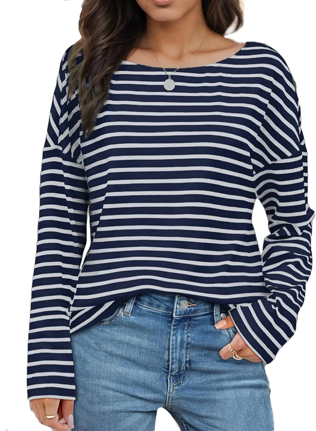 Womens Striped Shirt Long Sleeve Tops Trendy Drop Shoulder Boat Neck Going Out Tops Loose Fit Casual Shirts