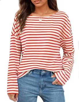 Womens Striped Shirt Long Sleeve Tops Trendy Drop Shoulder Boat Neck Going Out Tops Loose Fit Casual Shirts