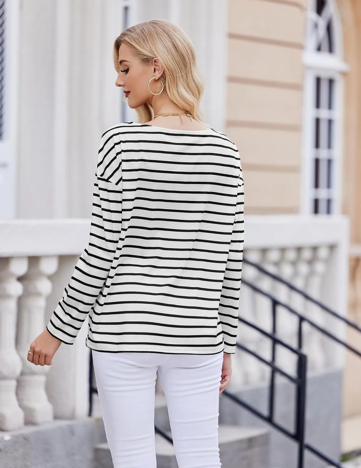 Womens Striped Shirt Long Sleeve Tops Trendy Drop Shoulder Boat Neck Going Out Tops Loose Fit Casual Shirts