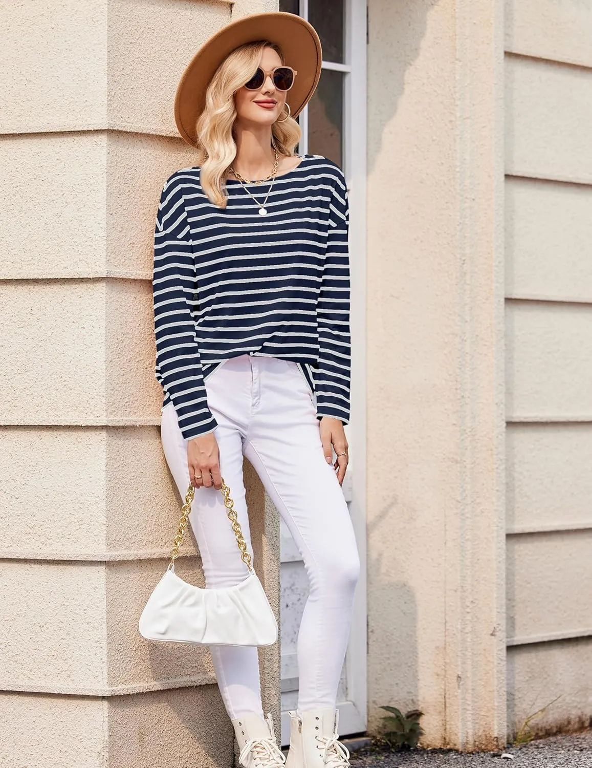 Womens Striped Shirt Long Sleeve Tops Trendy Drop Shoulder Boat Neck Going Out Tops Loose Fit Casual Shirts