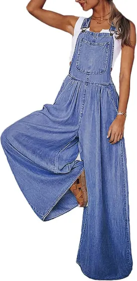 Women's Wide Leg Loose Adjustable Strap Denim Bib Overall Jeans Pants
